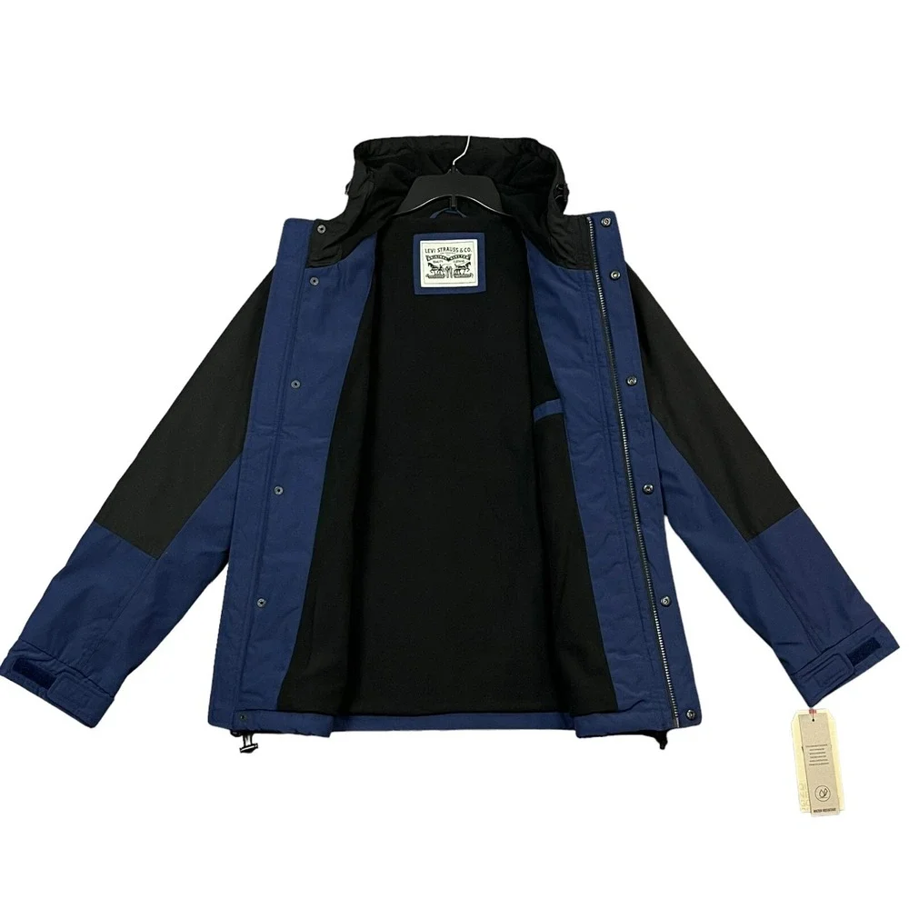 Levi's Men's Fleece Lined Shell Jacket Size M Blue‎ Black Hooded Water Resistant